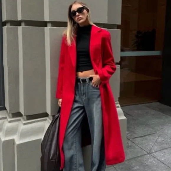 Marvin Richards Vibrant Scarlet Red Long Wool Coat Jacket - Picture 2 of 11